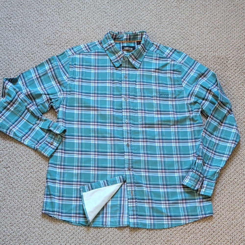 Orvis Teal and White Plaid Men's Button-Down Shirt Fly Fishing Angler